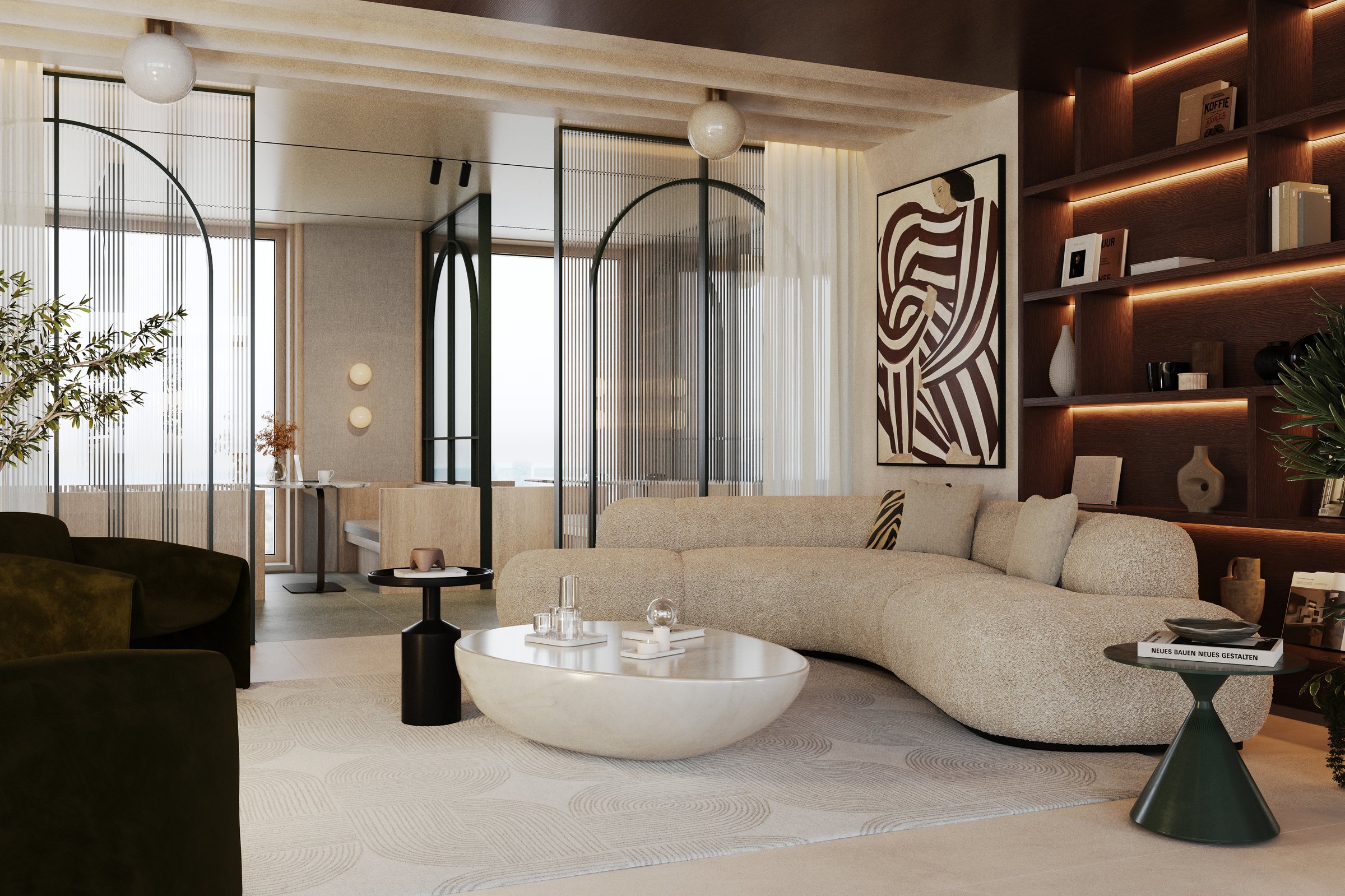 Meridian House luxury residential lounge with curved sofa and arched glass partitions — interior design by Ademchic