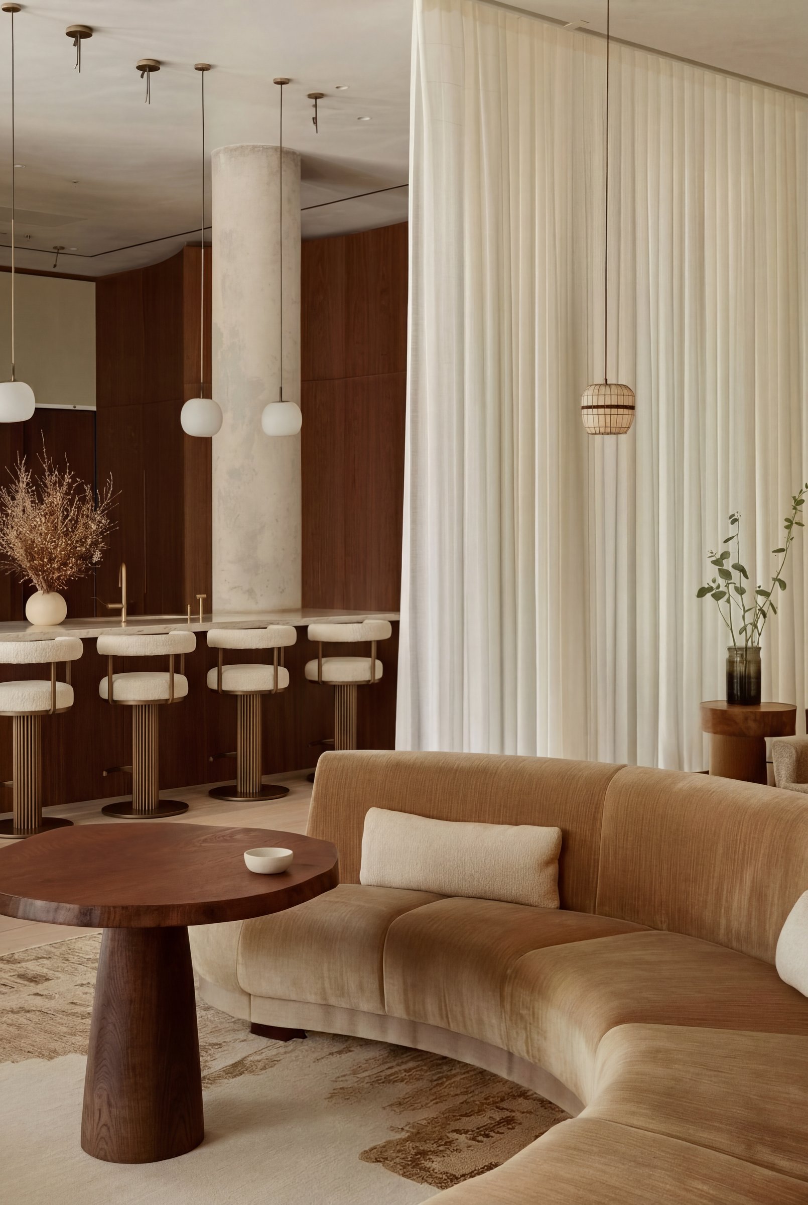 BTR lounge interior with curved sofa, walnut bar and sheer curtains — build-to-rent design by Ademchic