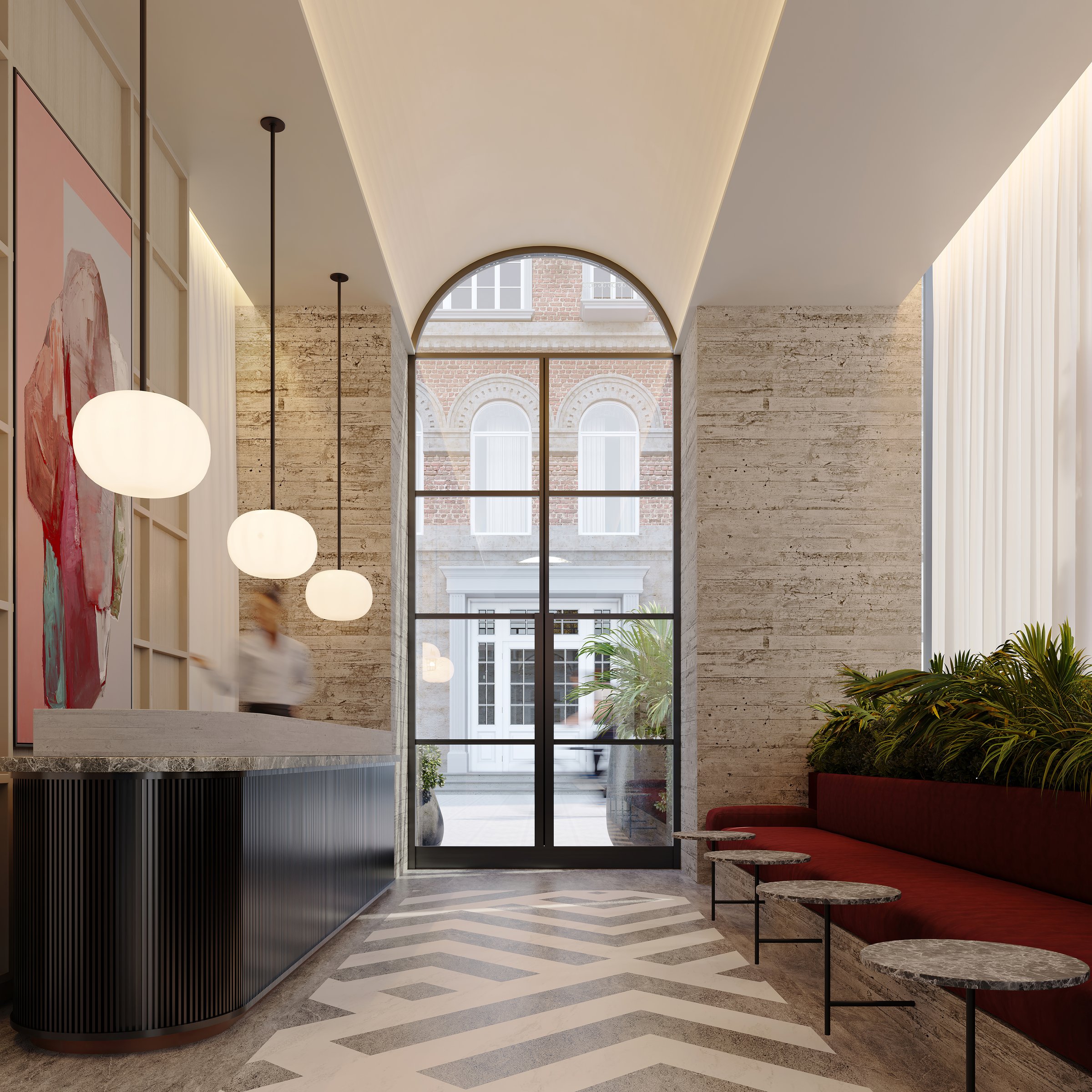 Maison Nueve grand lobby CGI — arched window, pendant lights and chevron flooring designed by Ademchic