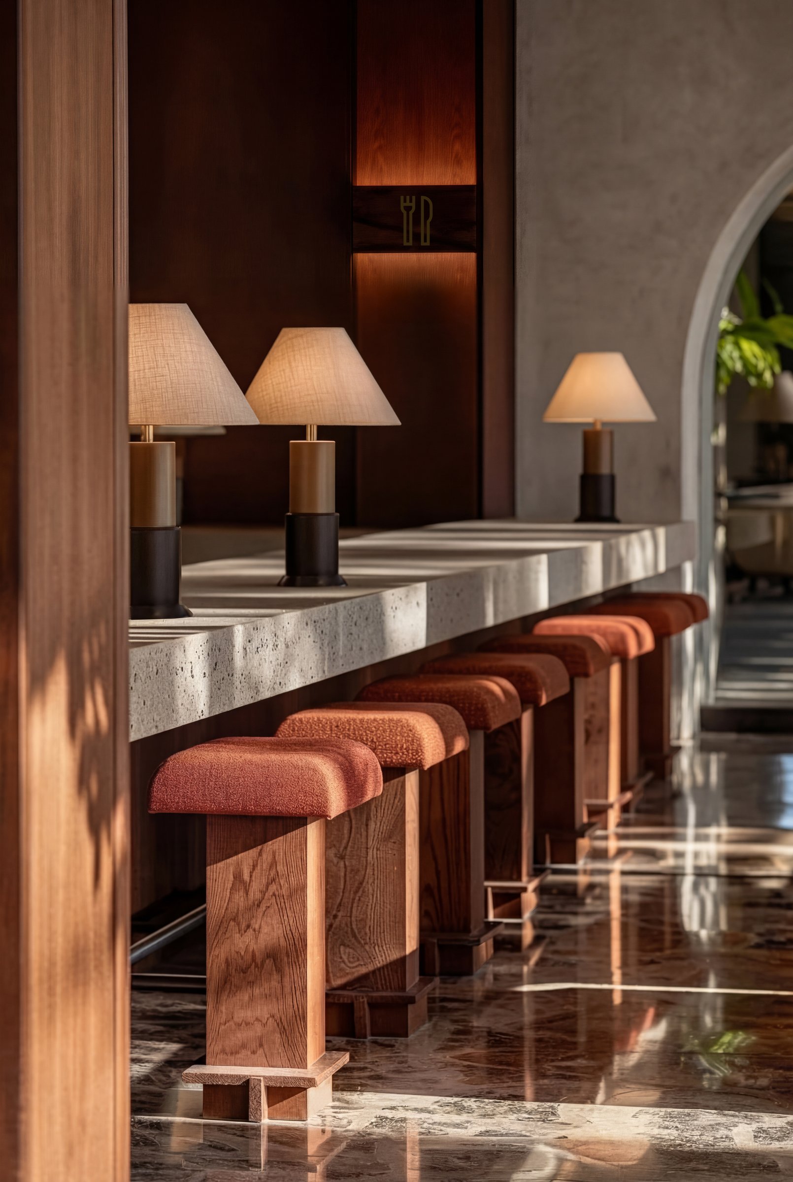 Hospitality-inspired BTR interior with bar stools and warm lighting — amenity design by Ademchic