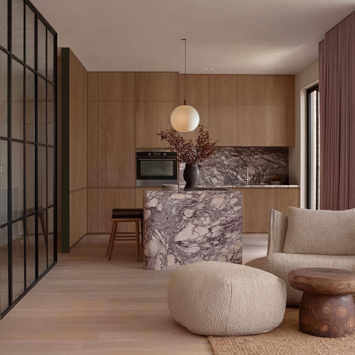 Open-plan apartment interior with modern kitchen and living area — buy-to-sell development design by Ademchic