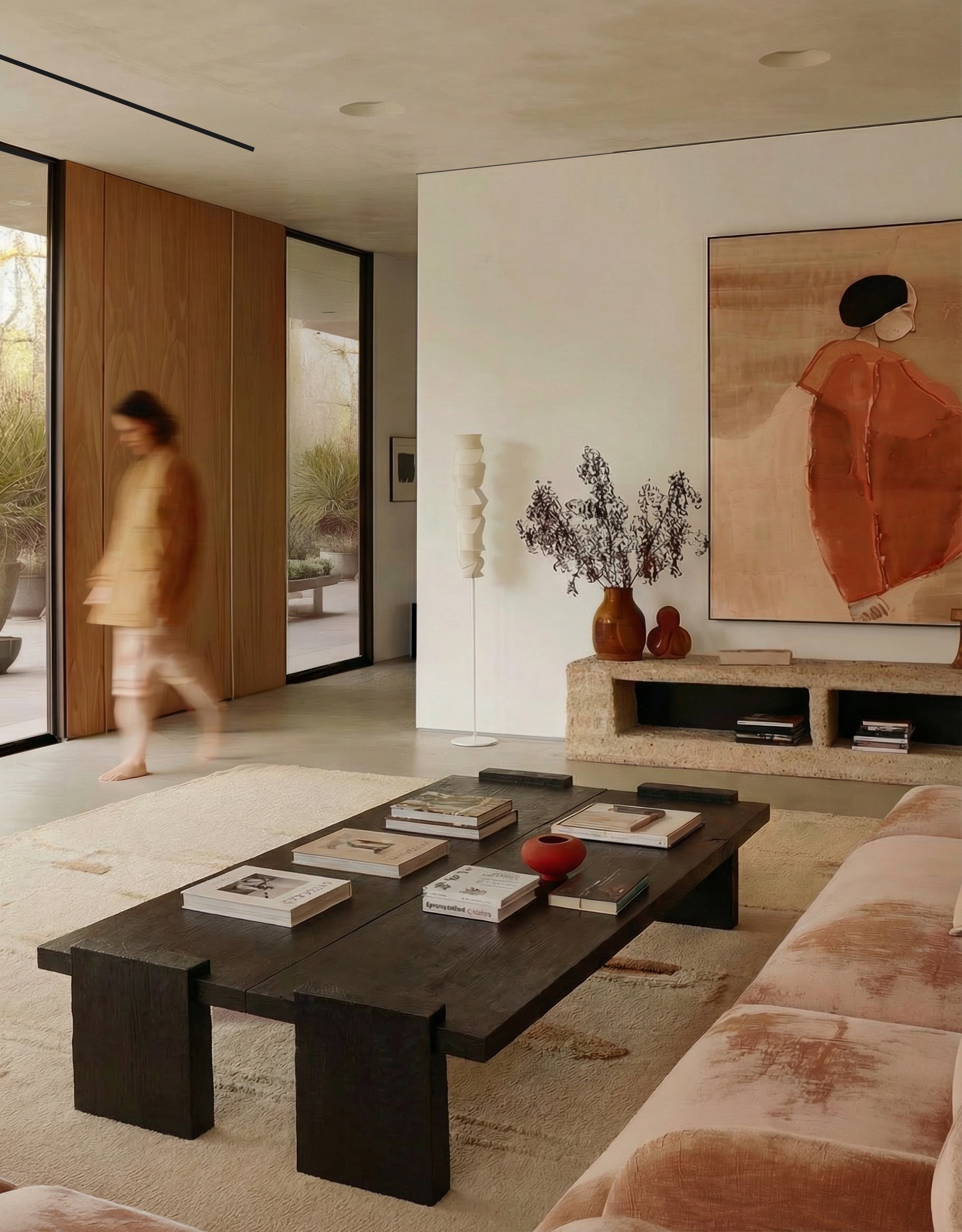 Contemporary living room with rich red accent wall and modern furnishings — residential interior by Ademchic