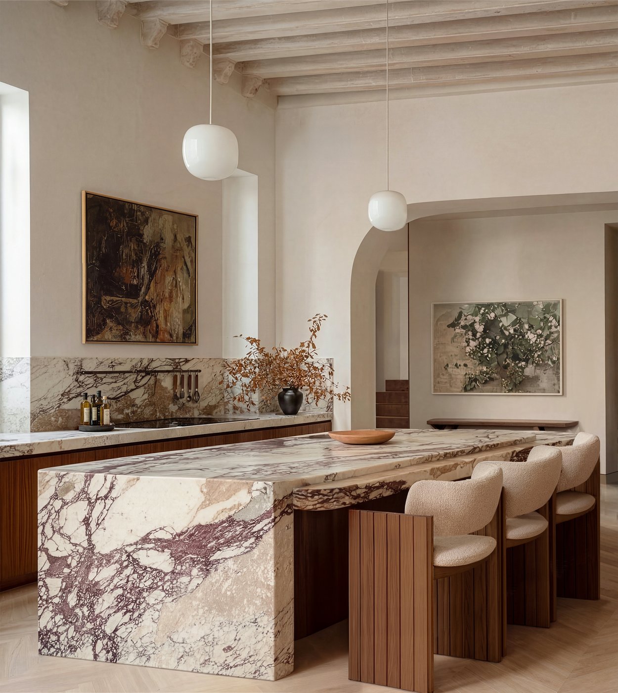 Audley Residence — kitchen with calacatta viola marble island, oak beam ceiling, sculptural pendants and boucl&eacute; bar stools by Ademchic