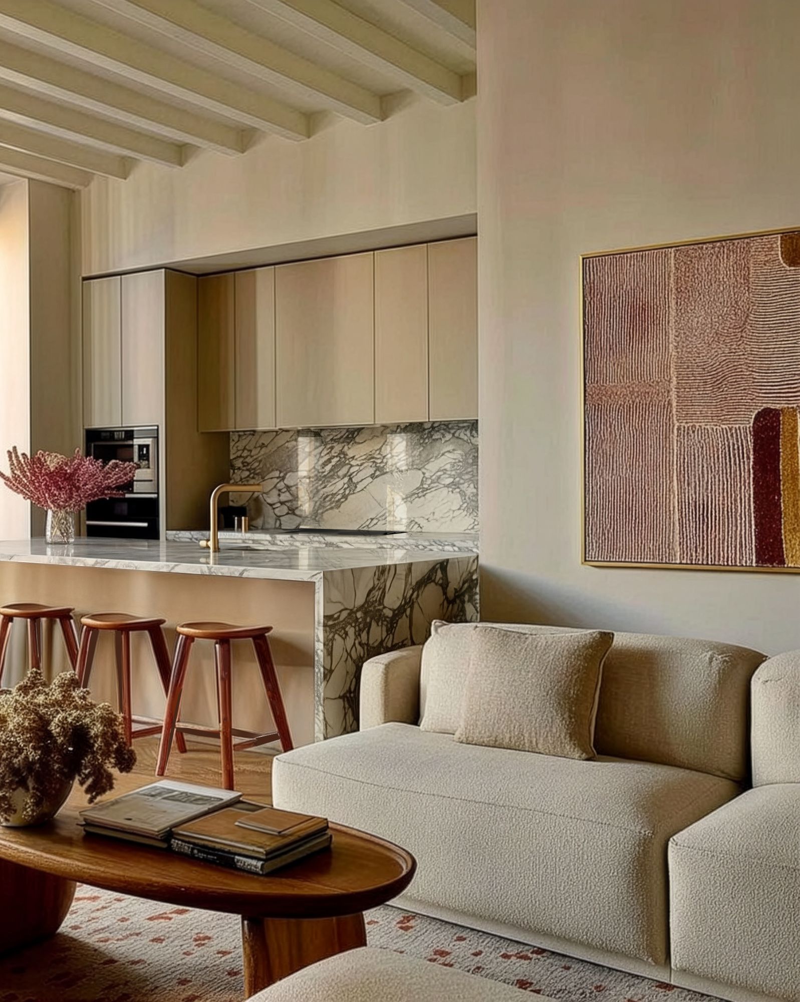 Open-plan living space with marble kitchen island, cream sofa and contemporary artwork