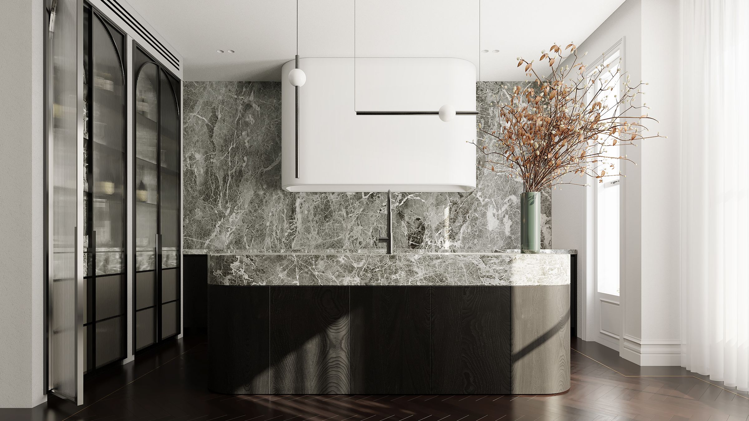 Luxury living room with warm ambient lighting, natural materials and bespoke joinery