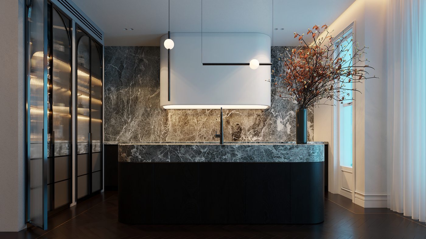 Luxury living room with layered lighting, textured upholstery and curated styling