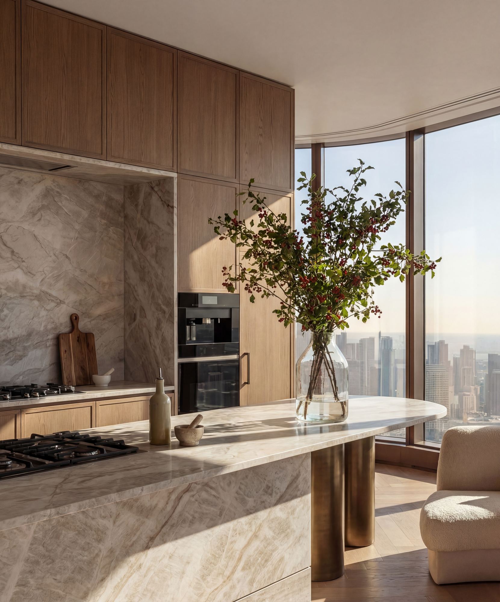 Penthouse kitchen with panoramic city views, marble worktops and light oak cabinetry