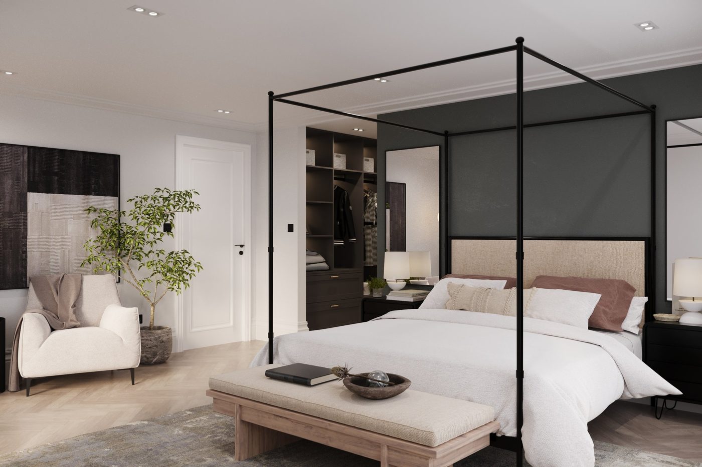Alfold Gardens CGI — primary bedroom with four-poster bed, walk-in wardrobe and dark accent wall by Ademchic