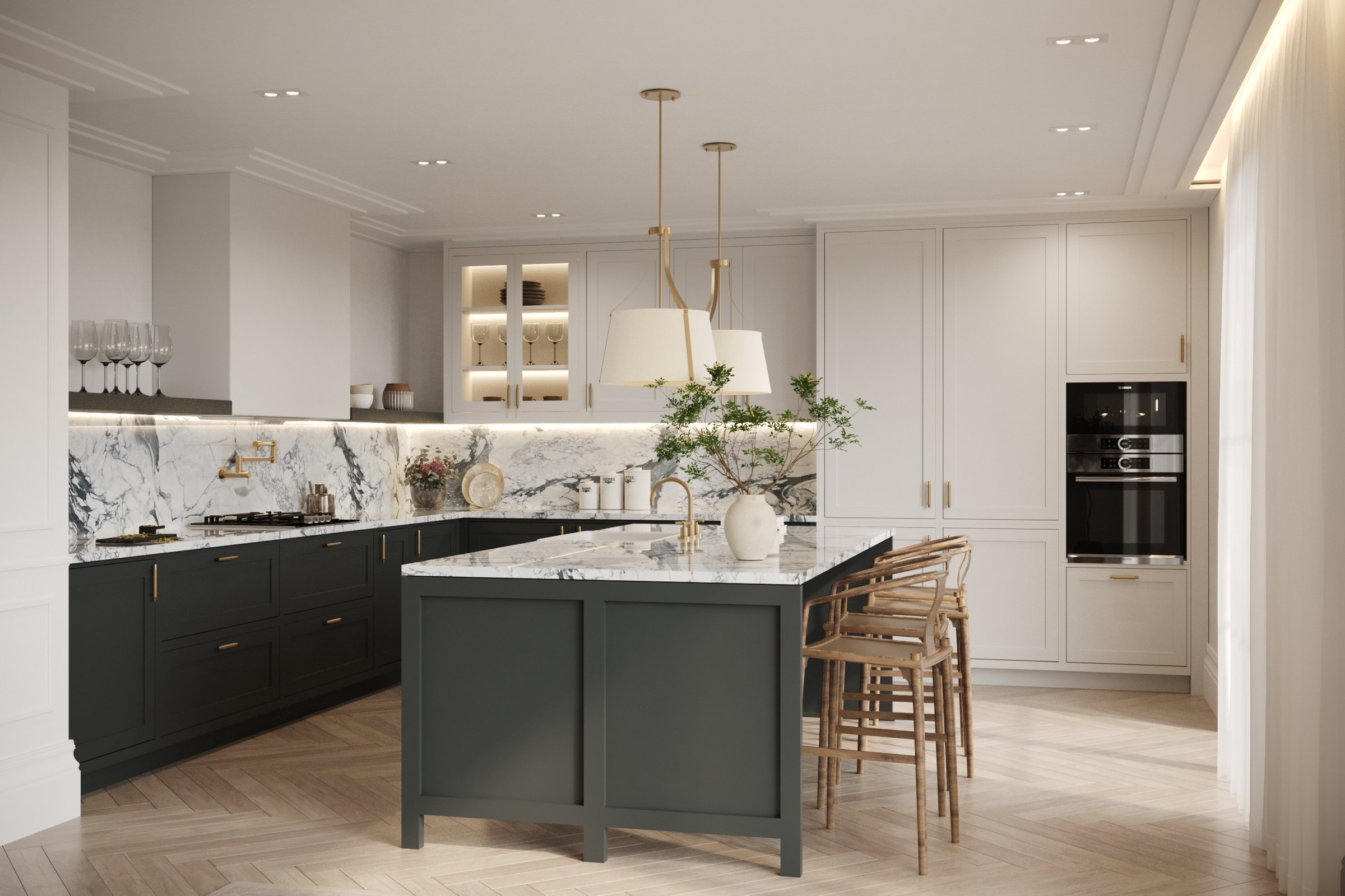 Alfold Gardens CGI — luxury kitchen with dark green cabinetry, marble backsplash and gold hardware by Ademchic