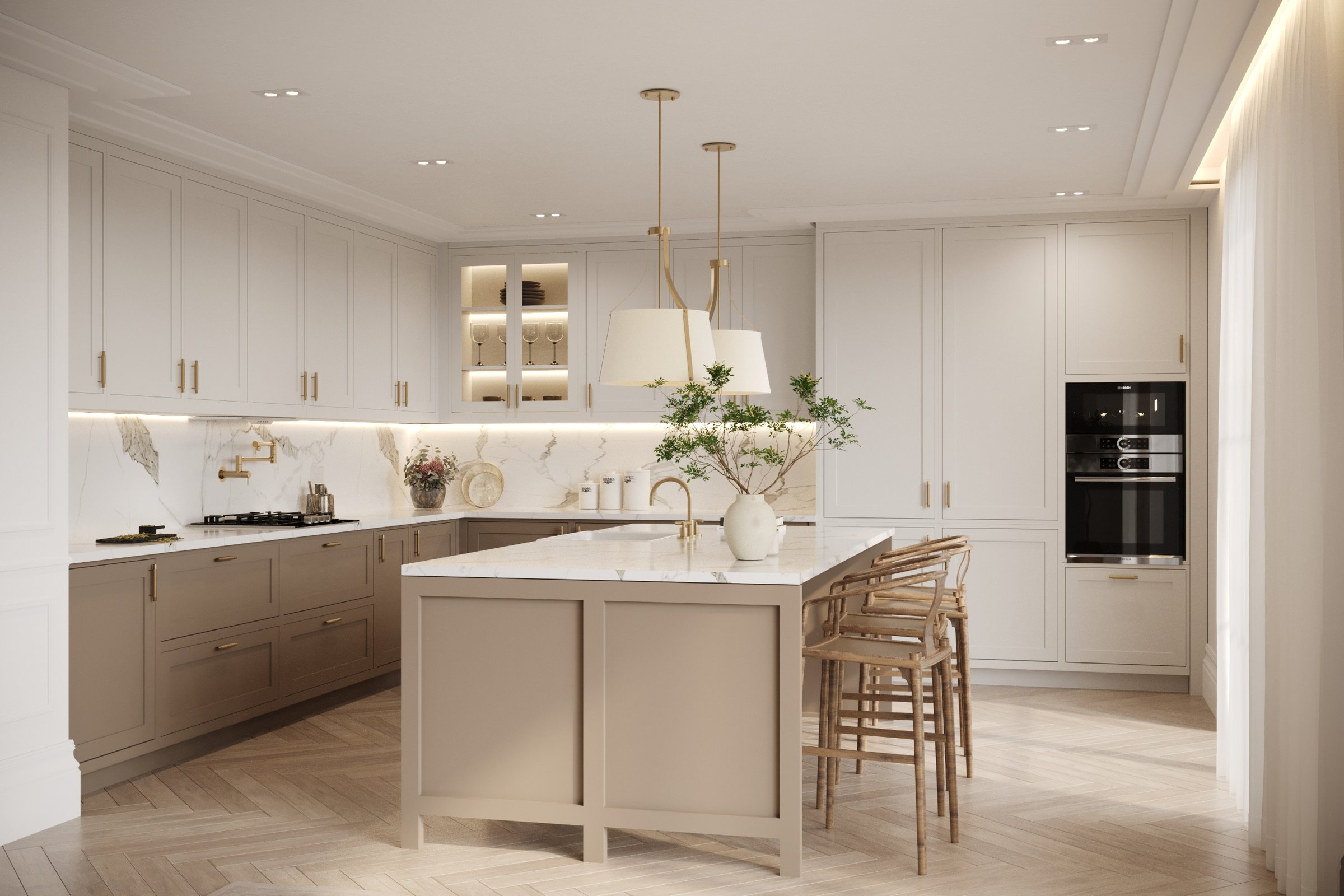Alfold Gardens CGI — kitchen with cream island and marble backsplash designed by Ademchic