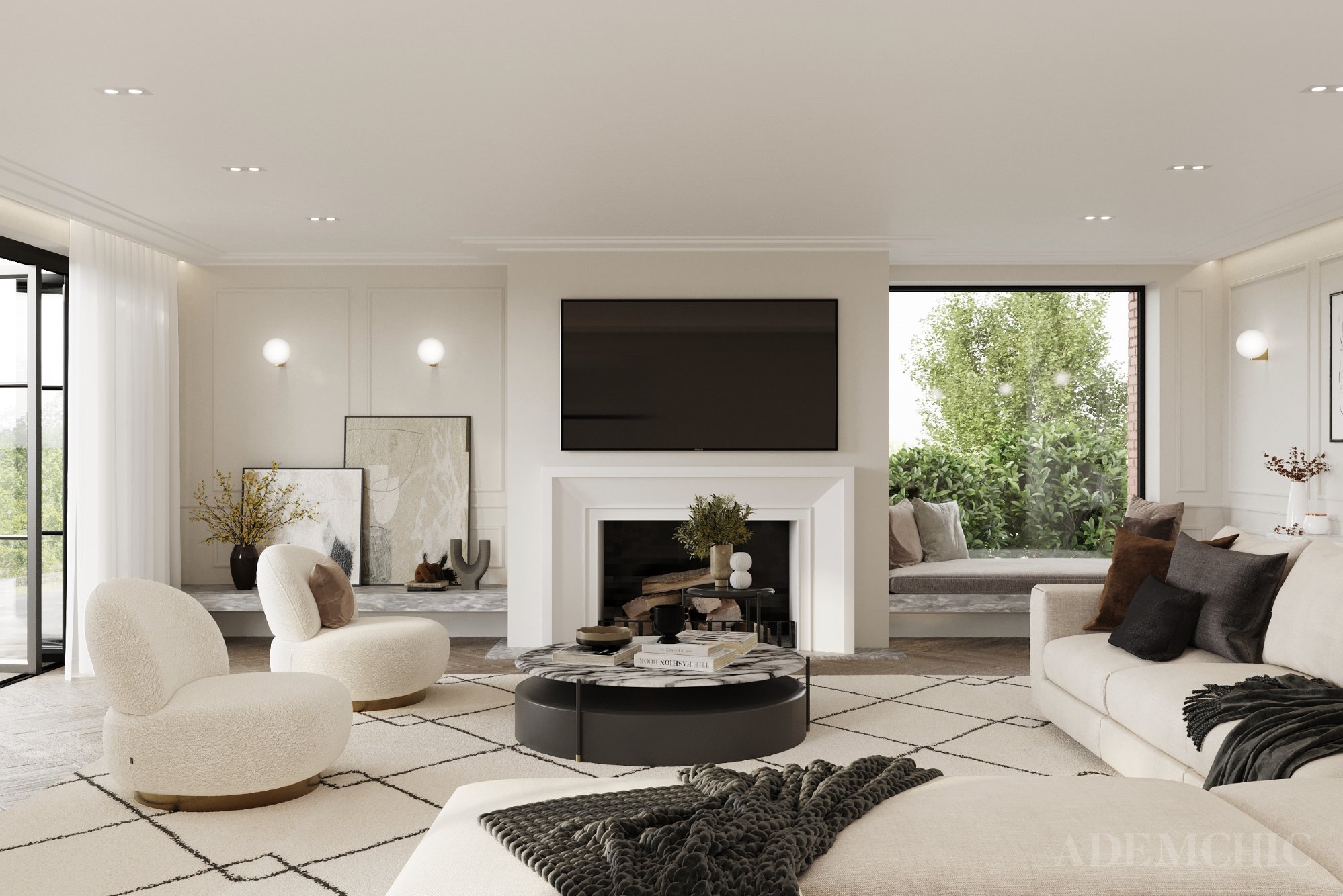 Alfold Gardens CGI — living room with fireplace, window seats and cream furniture designed by Ademchic