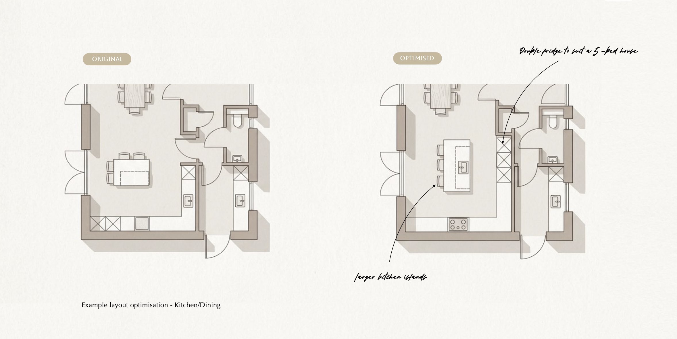 Alfold Gardens floor plan before and after — kitchen layout optimisation by Ademchic