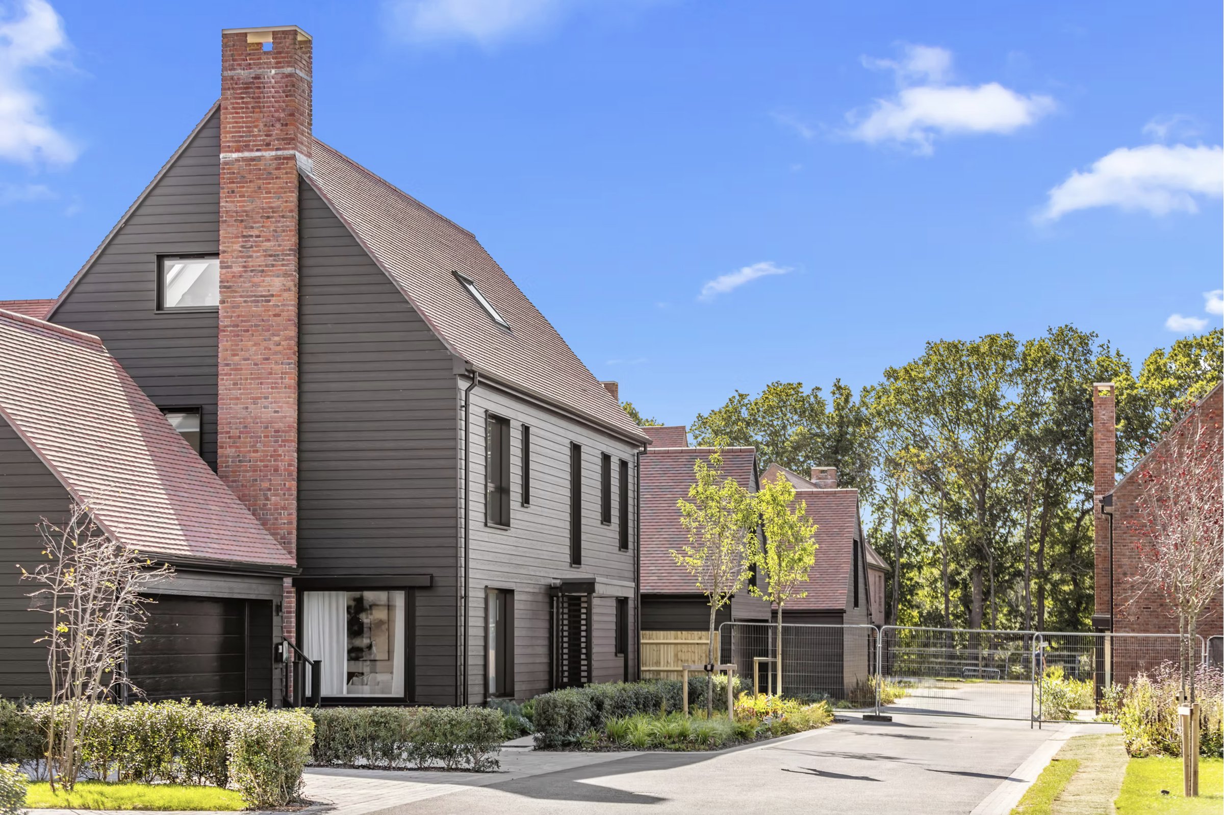 Alfold Gardens street view of contemporary family homes with dark cladding and landscaping — designed by Ademchic