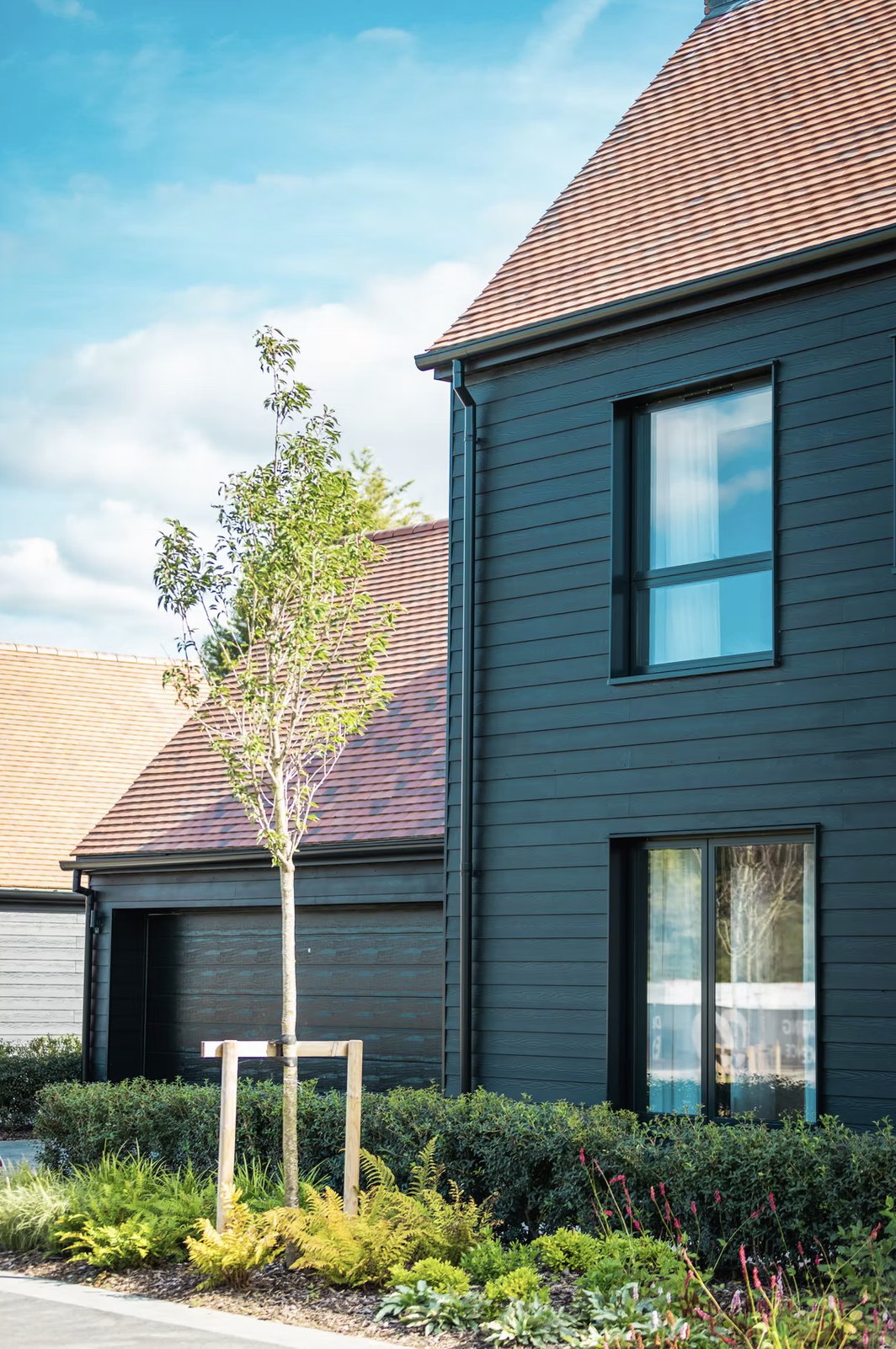 Alfold Gardens exterior detail with landscaping and dark cladding — designed by Ademchic