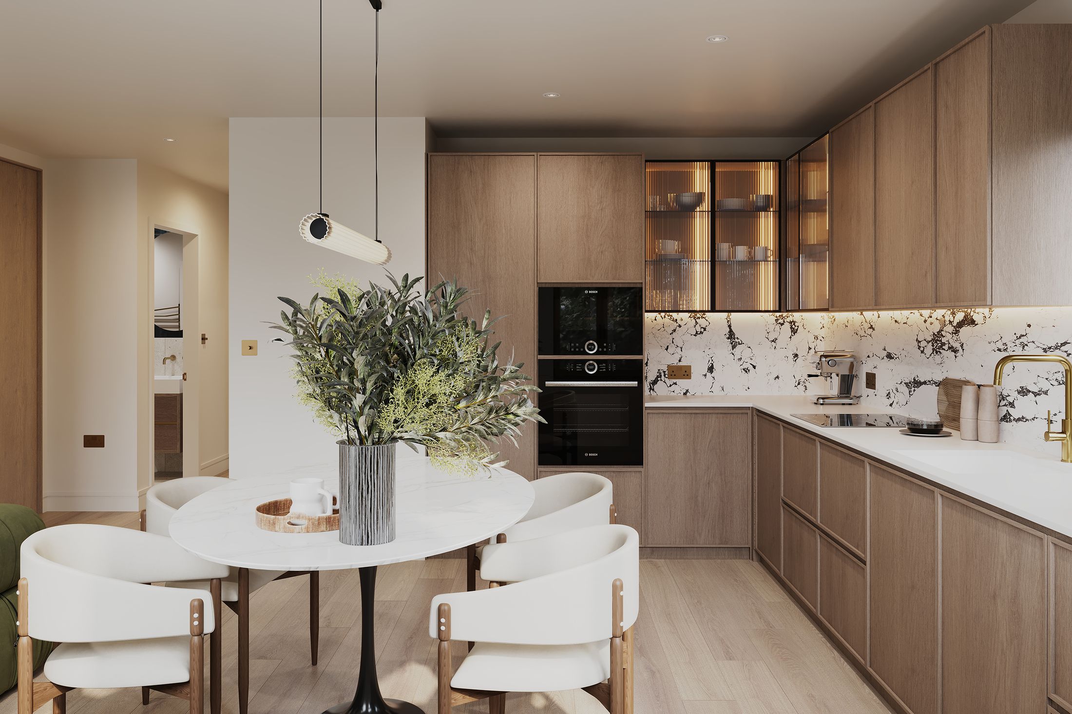 Angel Village alternative kitchen scheme with round dining table and glass display cabinet