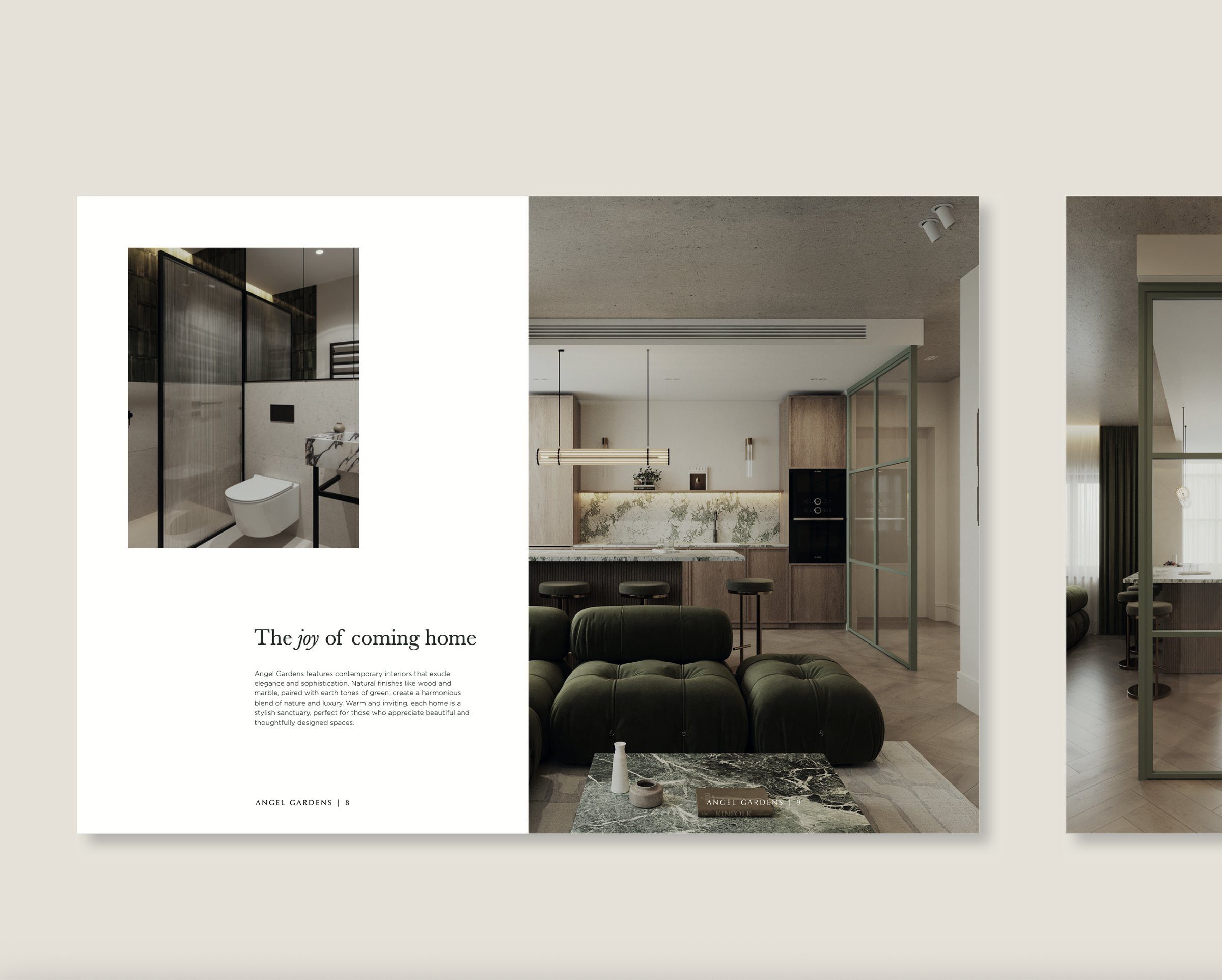 Angel Village marketing brochure spread showing interior CGIs and specification details