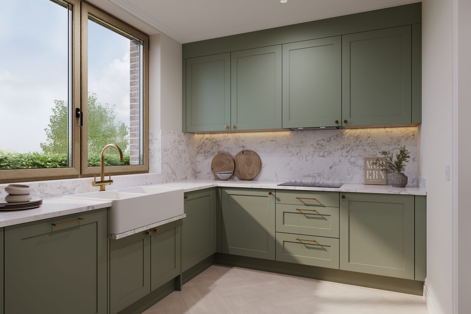 Chapman Collection kitchen with deep green cabinetry and marble-inspired worktops — designed by Ademchic