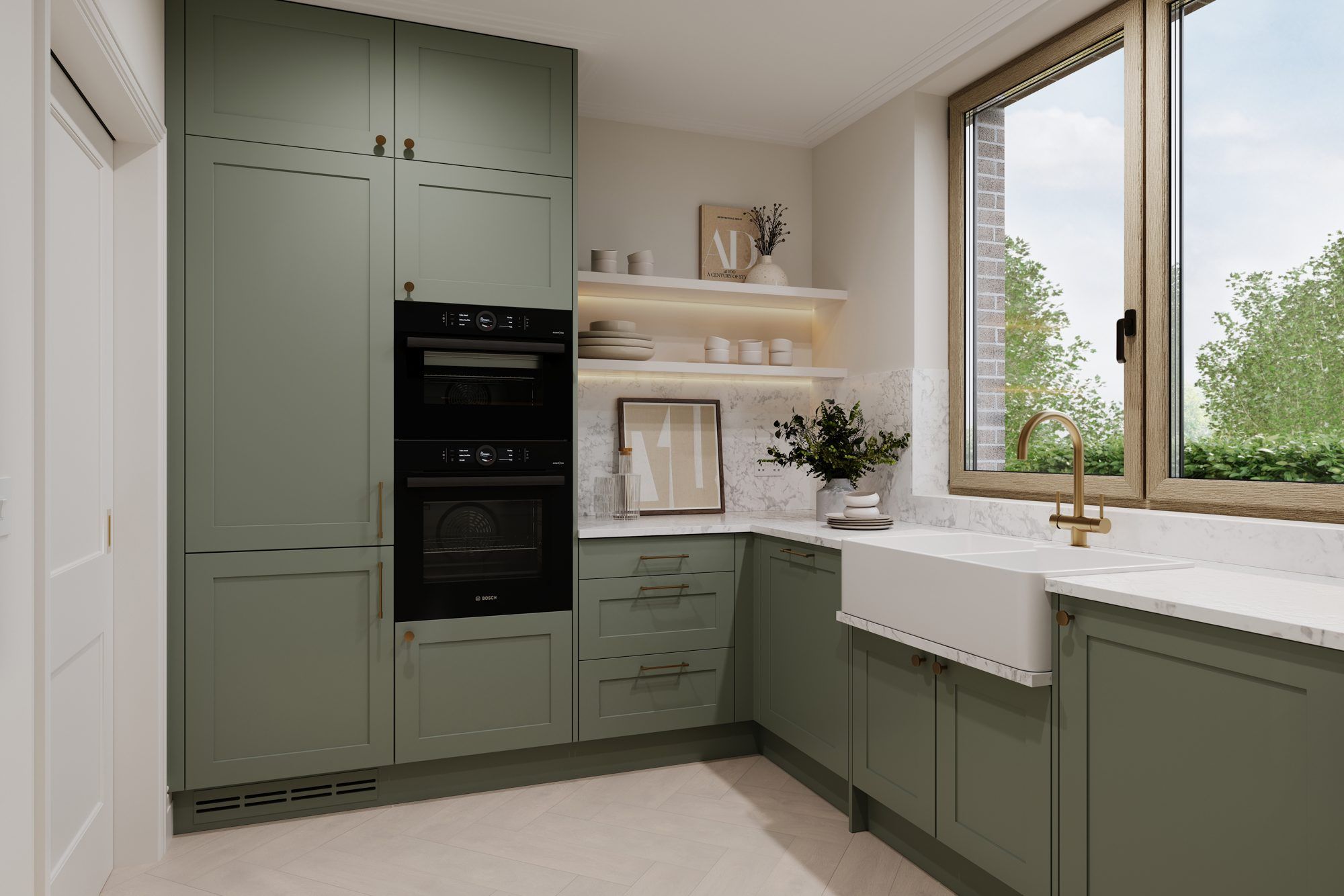 Chapman Collection kitchen detail with marble splashback and brass hardware — specification by Ademchic