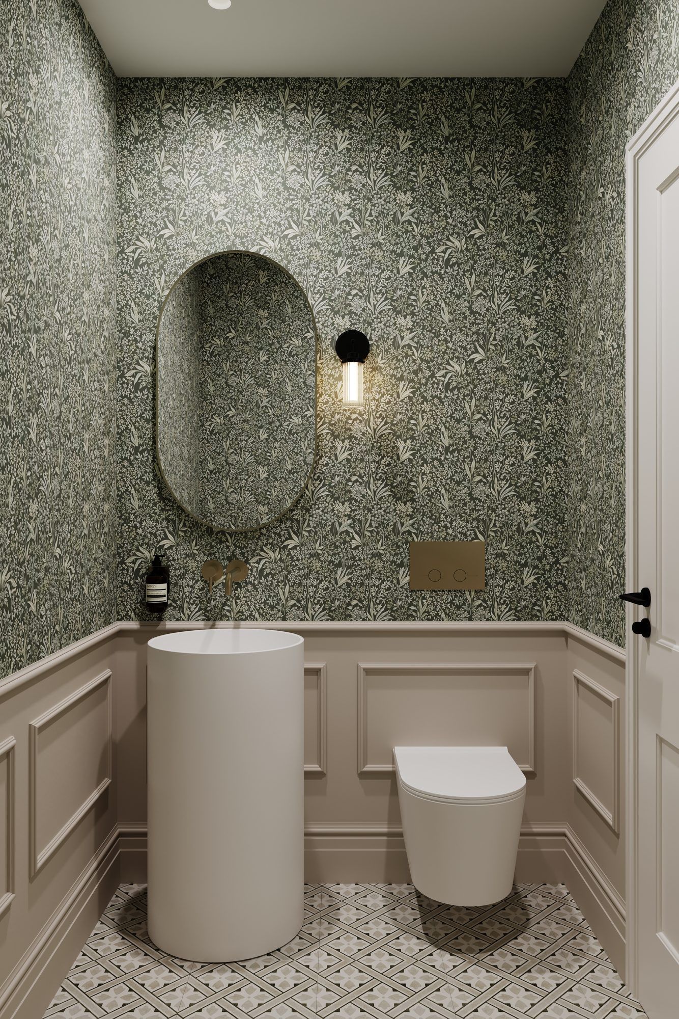 Chapman Collection ground floor WC with traditional panelling and floral wallpaper — designed by Ademchic