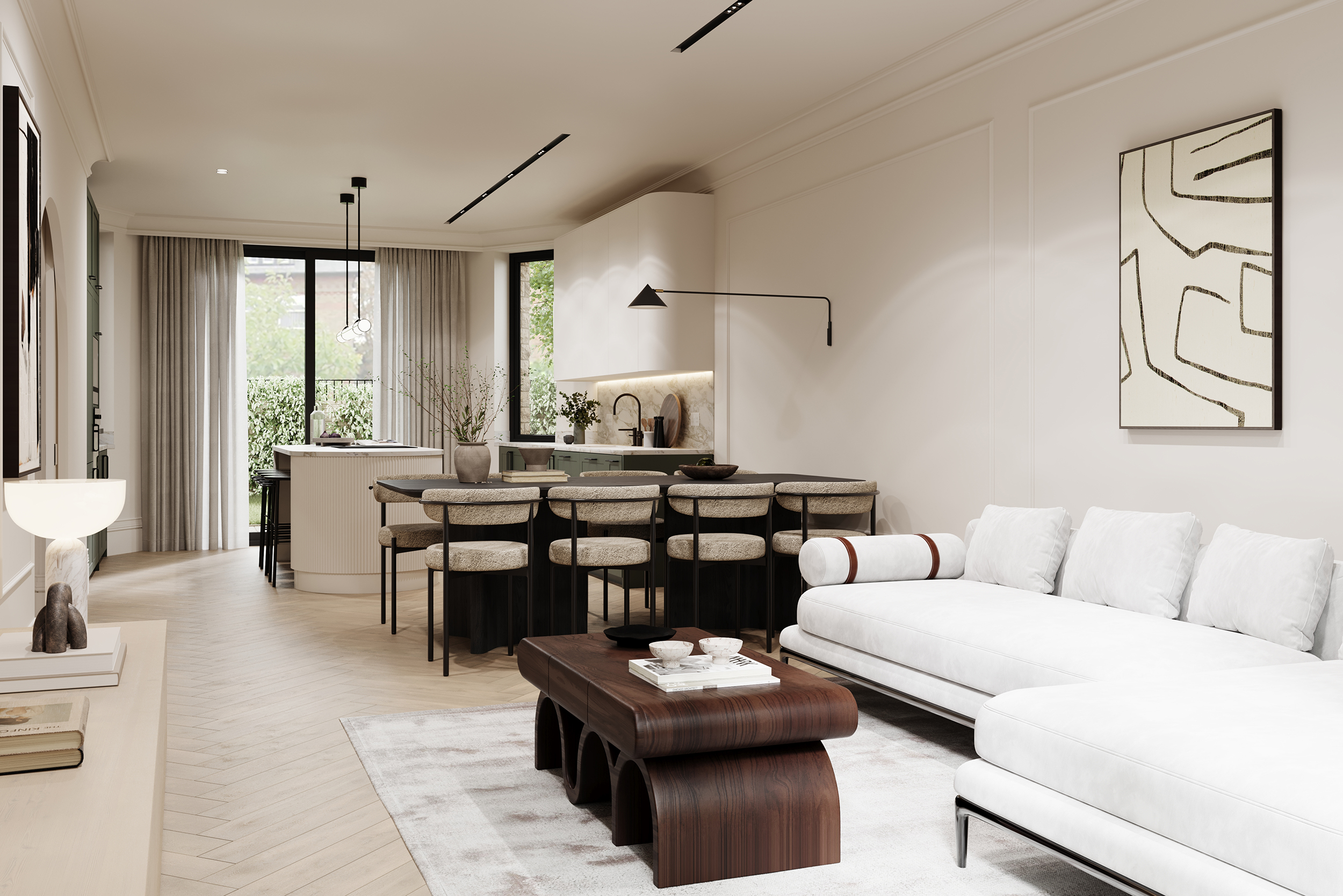 Montpelier-Mews-CGI — open-plan living room with sofa, dining area and kitchen island designed by Ademchic