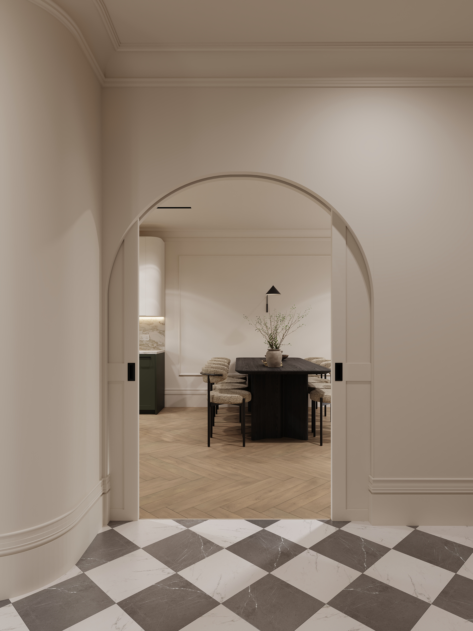 Montpelier-Mews-CGI — entrance hallway with curved doorway and marble checkerboard floor by Ademchic