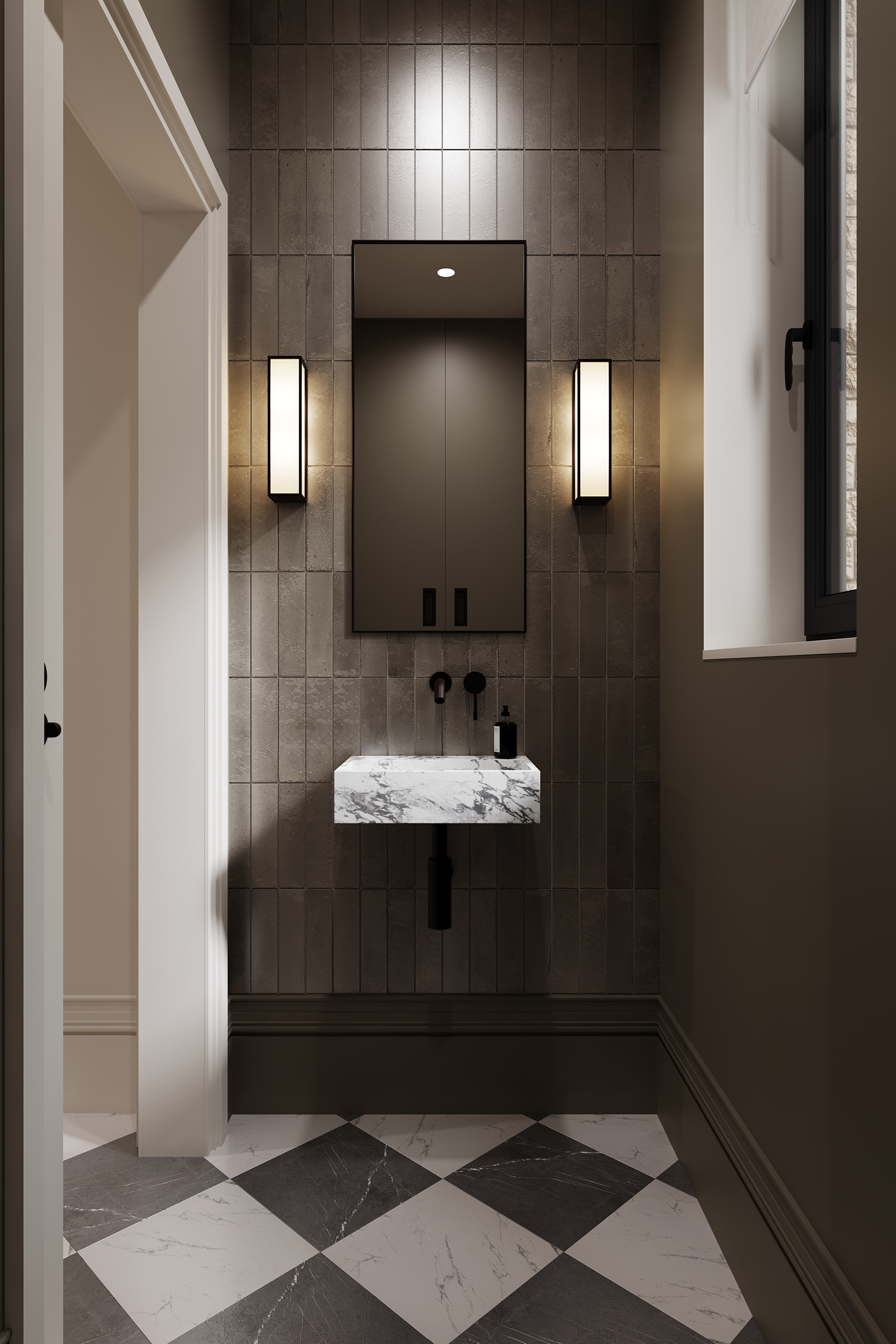Montpelier-Mews-CGI — bathroom with glazed tiles and marble basin designed by Ademchic