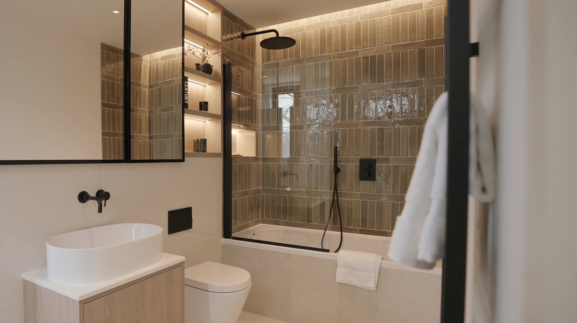 Montpelier-Mews-bathroom with glazed tiles and walk-in shower — designed by Ademchic