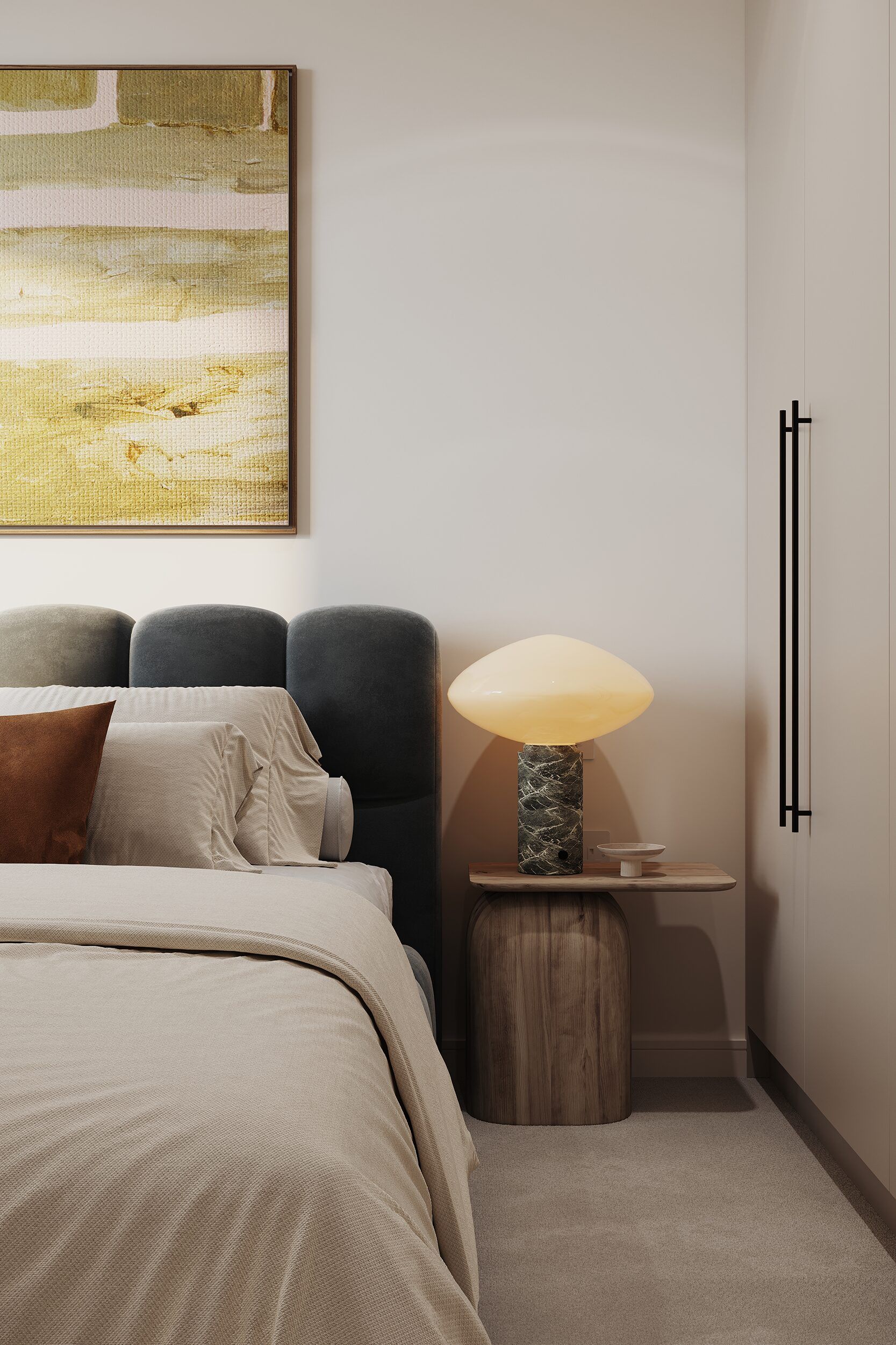Bedroom detail — bedside styling with marble lamp