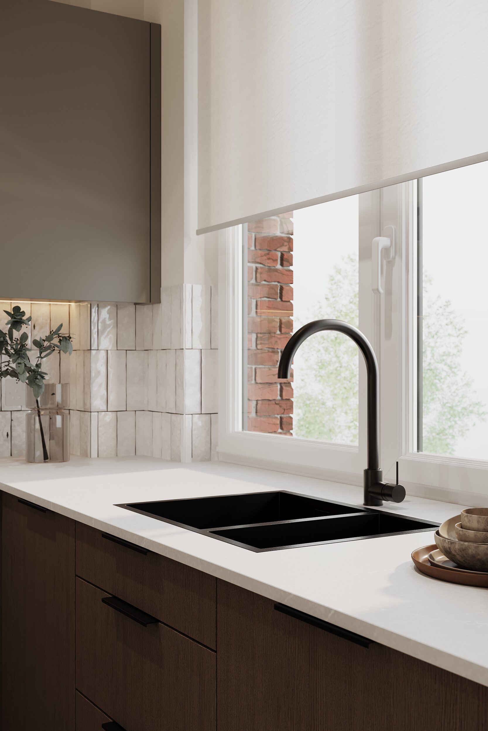 Kitchen specification — matt black brassware and mosaic tiled splashback