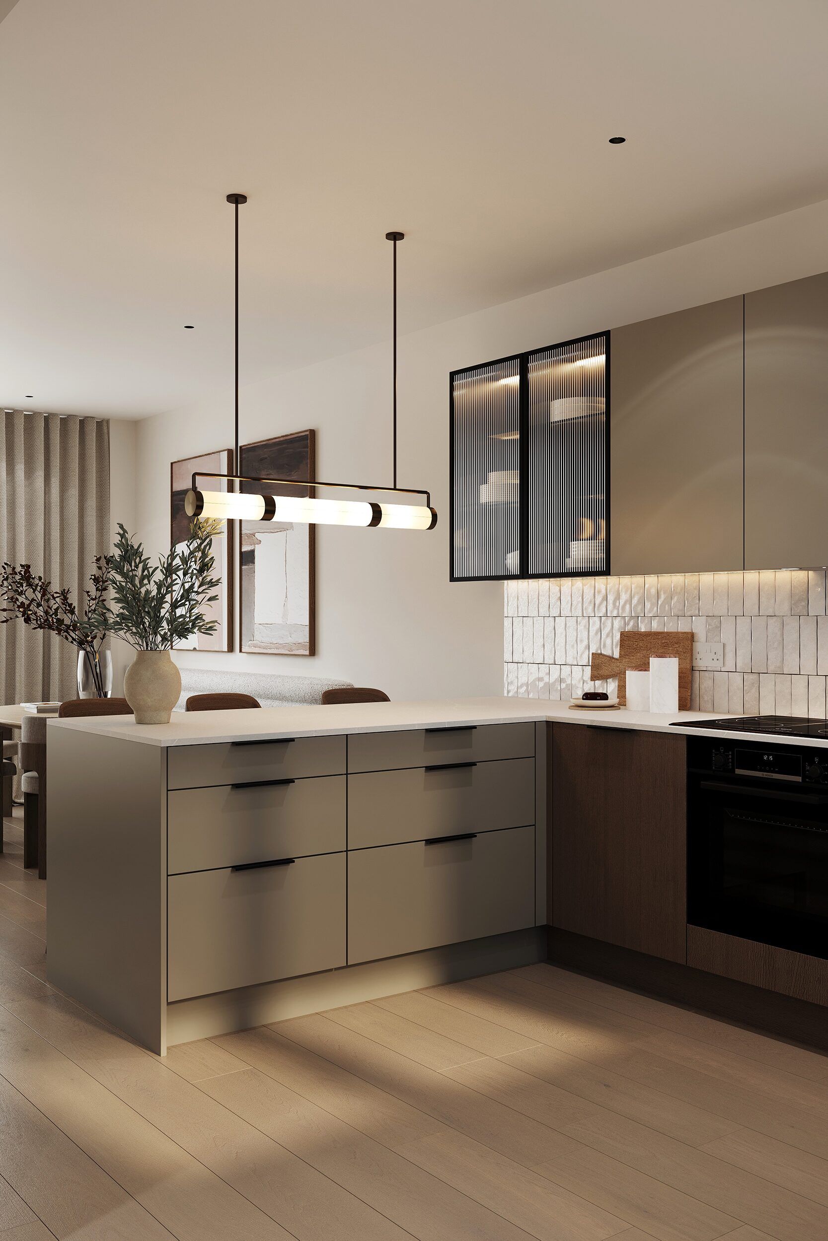 Kitchen specification — island detail with pendant lighting and glass-fronted cabinets