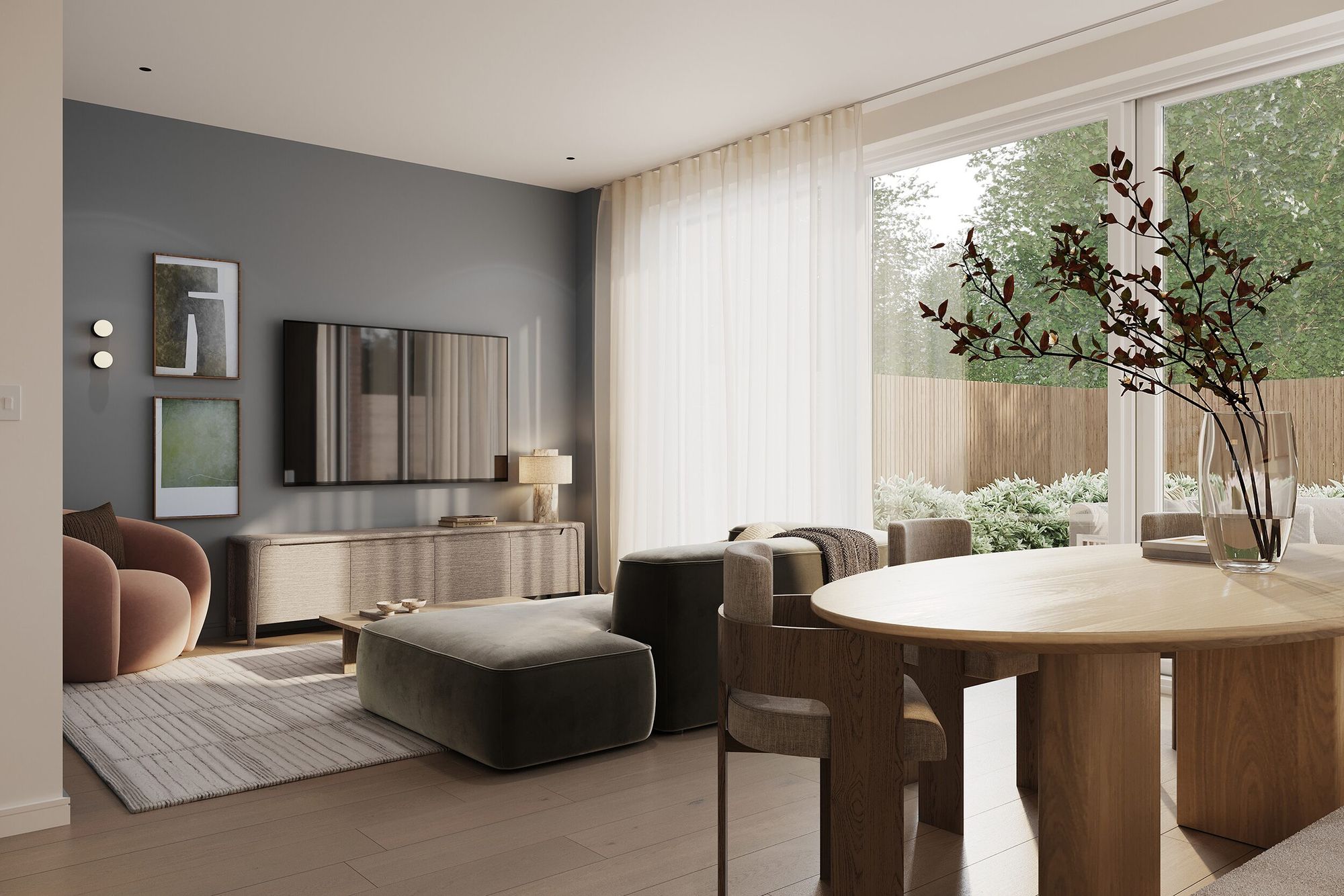Wynsterne — living room with feature wall and garden view