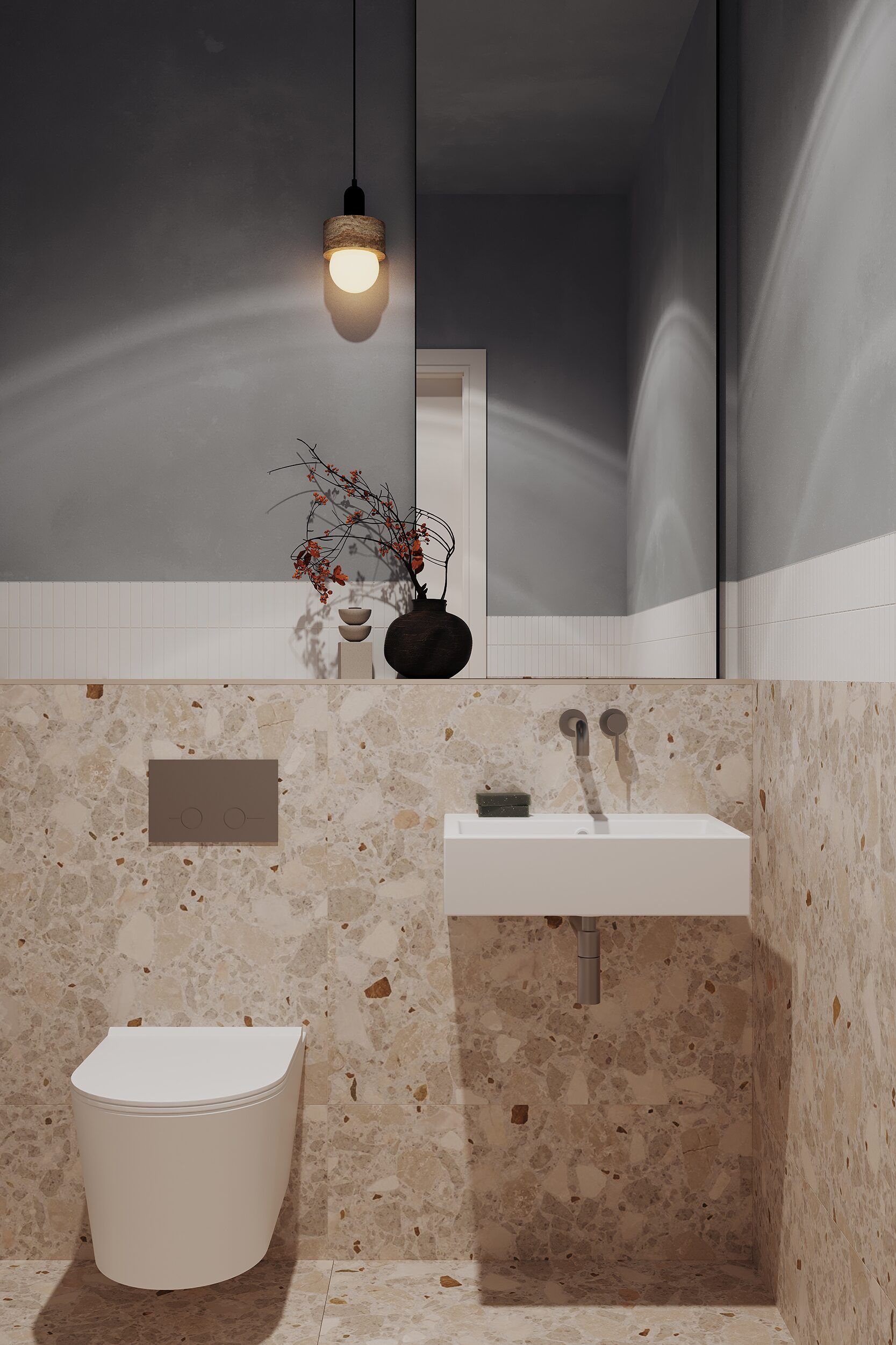 Ground floor cloakroom — terrazzo tiles and statement lighting